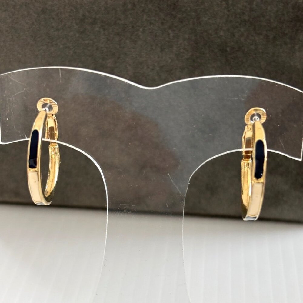 Gold-Tone Hoop Earrings W/ Navy Enamel Inlay & Secure Clasp Closure